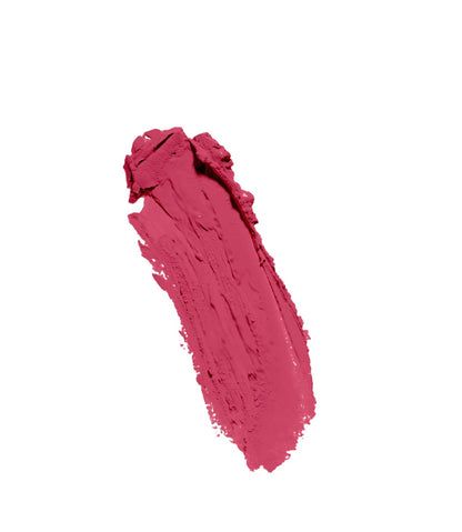 Pink lipstick swatch on white background, creamy texture makeup product