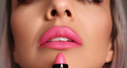 Close-up of pink lipstick applied to lips, showcasing beauty and makeup product