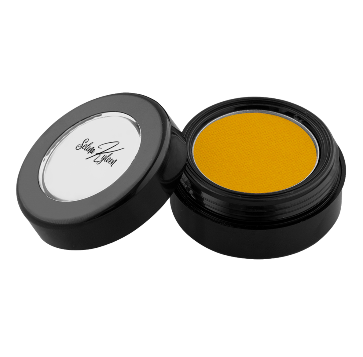 Yellow cream makeup in black round container with Selin Aylin logo on lid