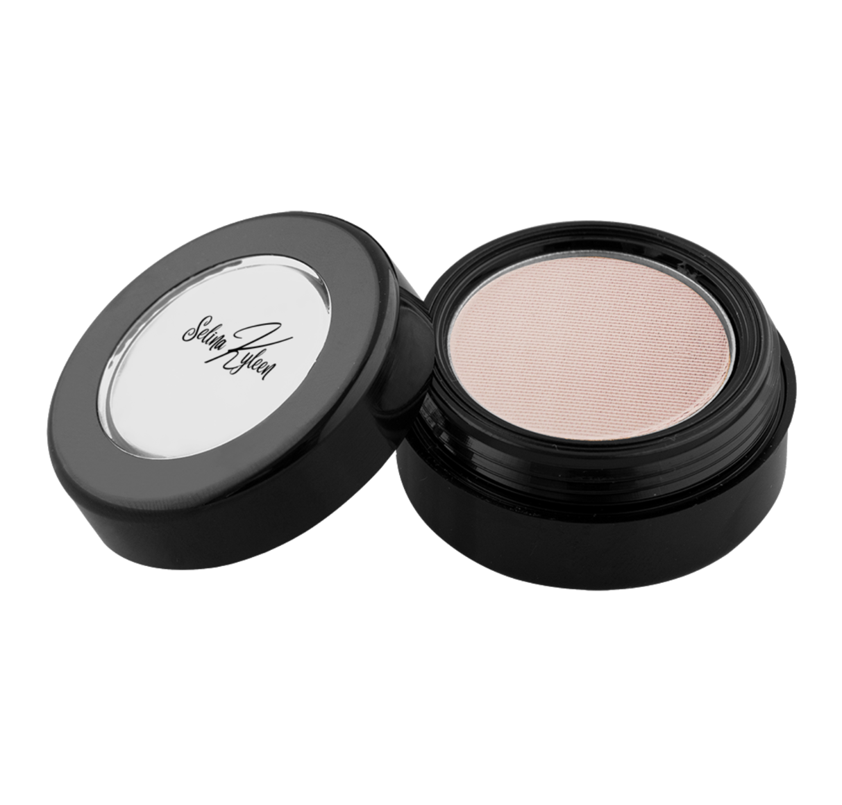 Open compact face powder in black round case with Selim Zylem logo on lid