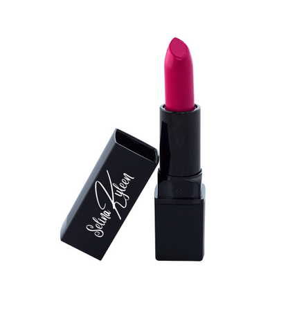 Selina Kyleen bright pink lipstick in black tube on white background
