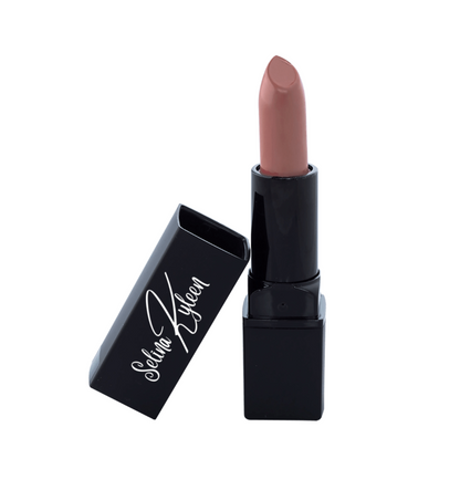 Nude pink lipstick in black tube with Selina Kyleen logo on white background