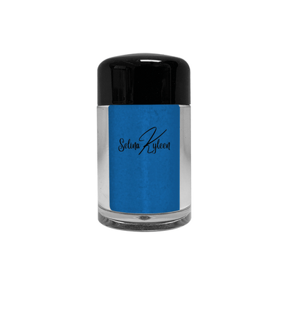 Selina Kyleen blue powder jar with black lid on white background