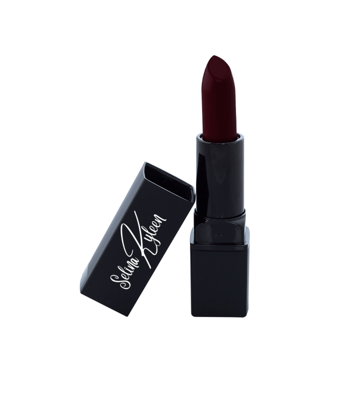 Dark red Selina Kileen lipstick in black tube with open cap on white background