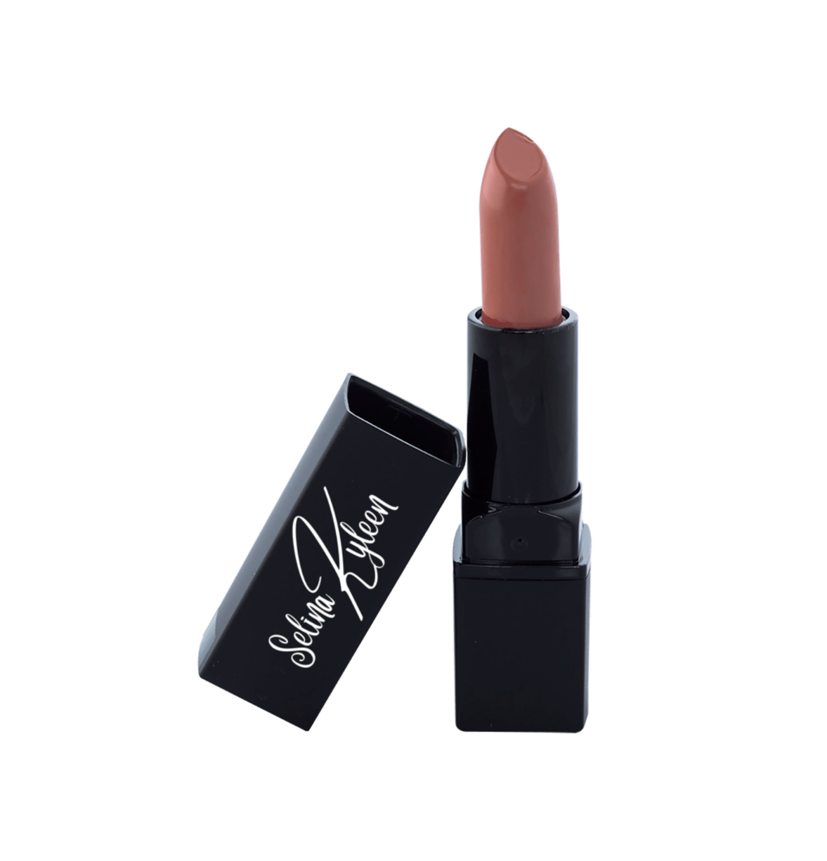 Selina Kyleen nude lipstick in black case with cap off on white background