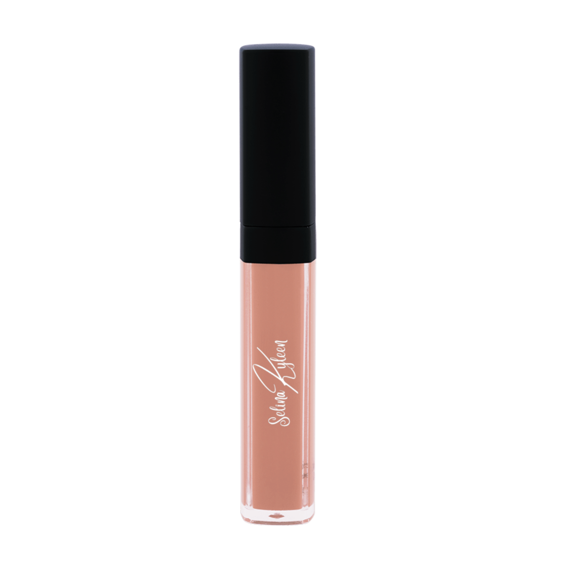 Nude liquid lipstick with black cap and 'Selina Zyleen' logo on white background