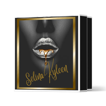 Luxury black and gold makeup box with metallic lips and gold drip design, Selina Kyleen logo